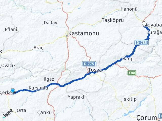 Çankırı Atkaracalar Boyabat Sinop Arası Kaç Km - Yol Haritası