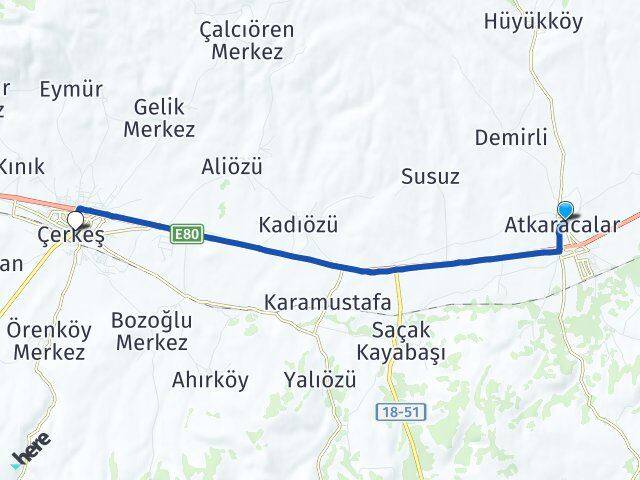 Çankırı Atkaracalar Çerkeş Arası Kaç Km - Yol Haritası