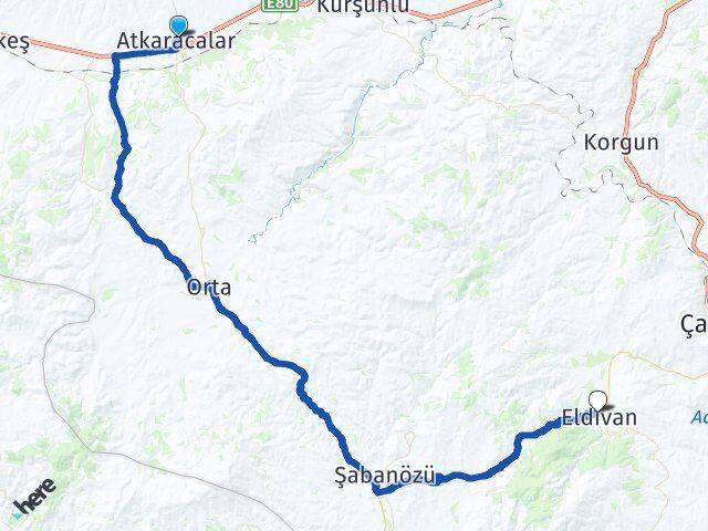 Çankırı Atkaracalar Eldivan Arası Kaç Km - Yol Haritası
