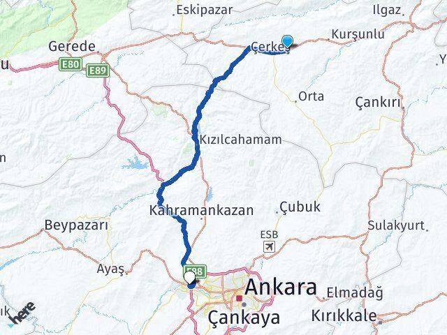 Çankırı Atkaracalar Eryaman Etimesgut Ankara Arası Kaç Km - Yol Haritası