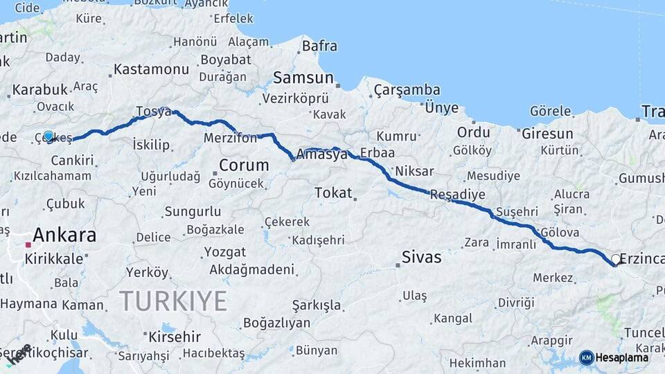Çankırı Atkaracalar Erzincan Arası Kaç Km - Yol Haritası