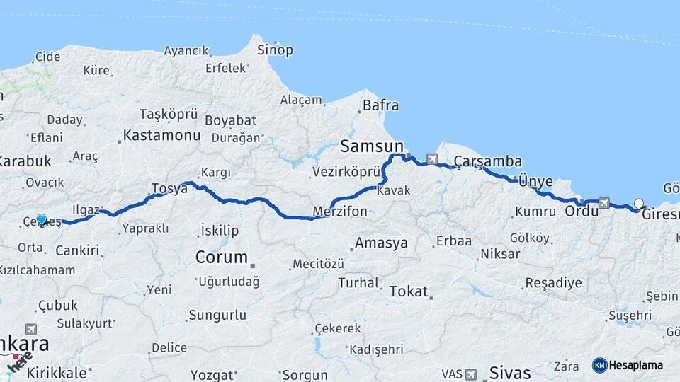 Çankırı Atkaracalar Giresun Arası Kaç Km - Yol Haritası