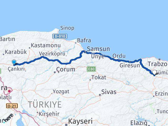 Çankırı Atkaracalar Gümüşhane Arası Kaç Km - Yol Haritası