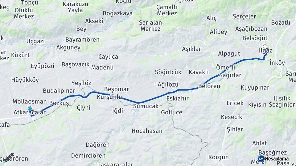 Çankırı Atkaracalar Ilgaz Arası Kaç Km - Yol Haritası