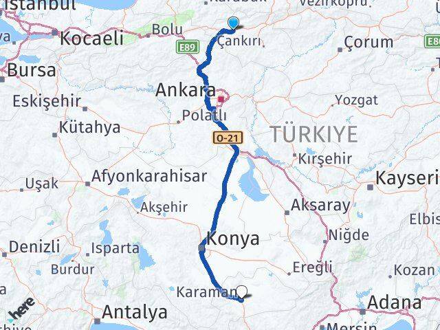 Çankırı Atkaracalar Karaman Arası Kaç Km - Yol Haritası