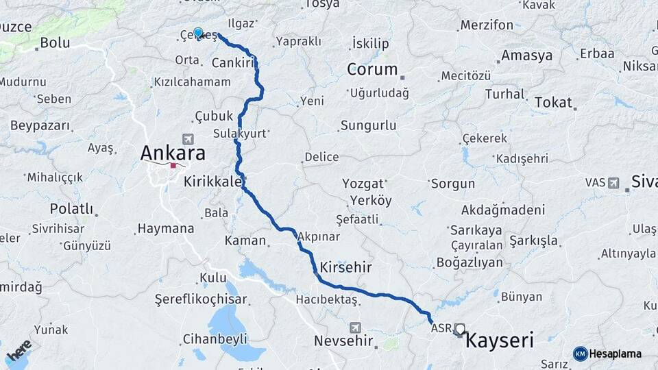 Çankırı Atkaracalar Kayseri Arası Kaç Km - Yol Haritası