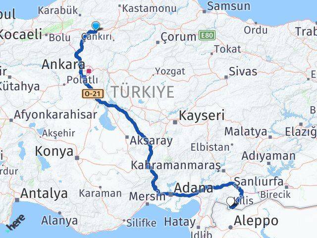 Çankırı Atkaracalar Kilis Arası Kaç Km - Yol Haritası