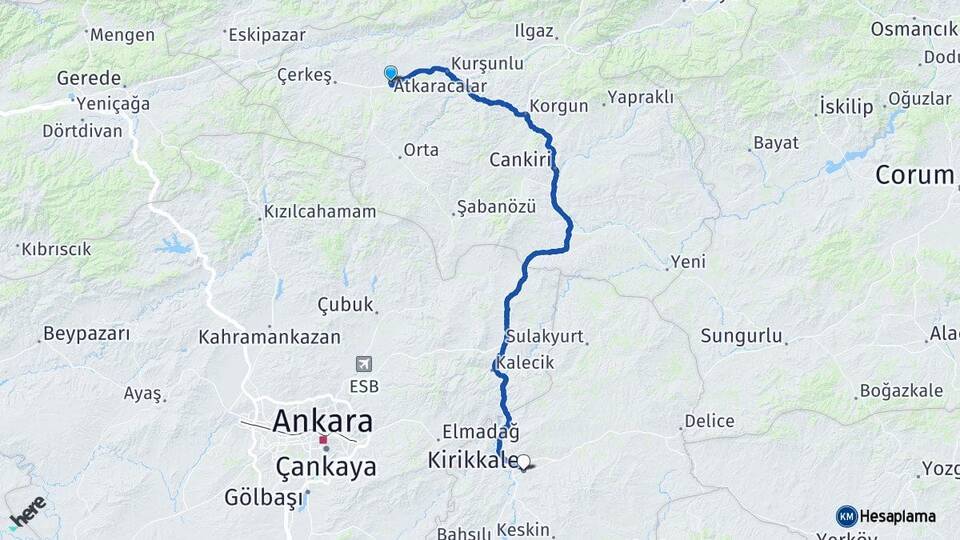 Çankırı Atkaracalar Kırıkkale Arası Kaç Km - Yol Haritası