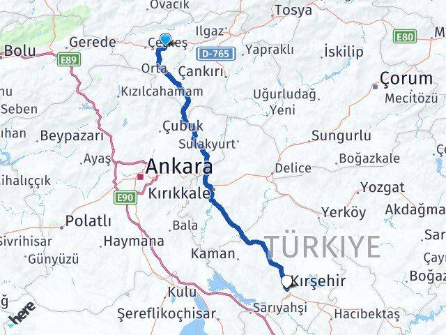 Çankırı Atkaracalar Kırşehir Arası Kaç Km - Yol Haritası