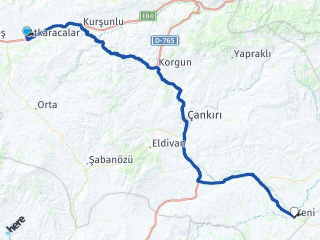 Çankırı Atkaracalar Kızılırmak Arası Kaç Km - Yol Haritası