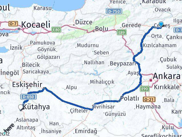 Çankırı Atkaracalar Kütahya Arası Kaç Km - Yol Haritası