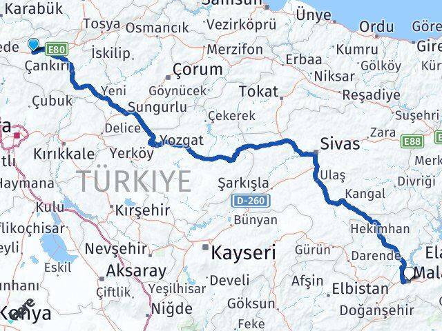 Çankırı Atkaracalar Malatya Arası Kaç Km - Yol Haritası