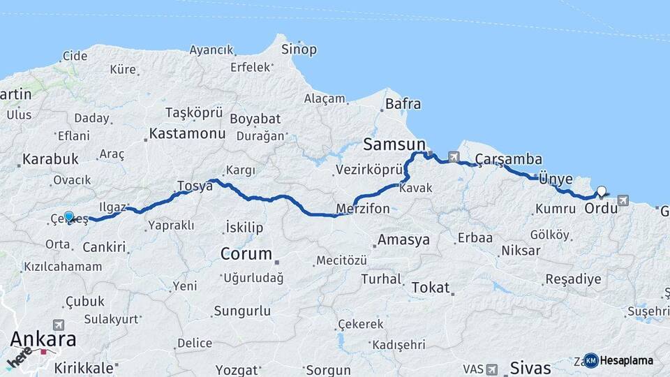 Çankırı Atkaracalar Ordu Arası Kaç Km - Yol Haritası