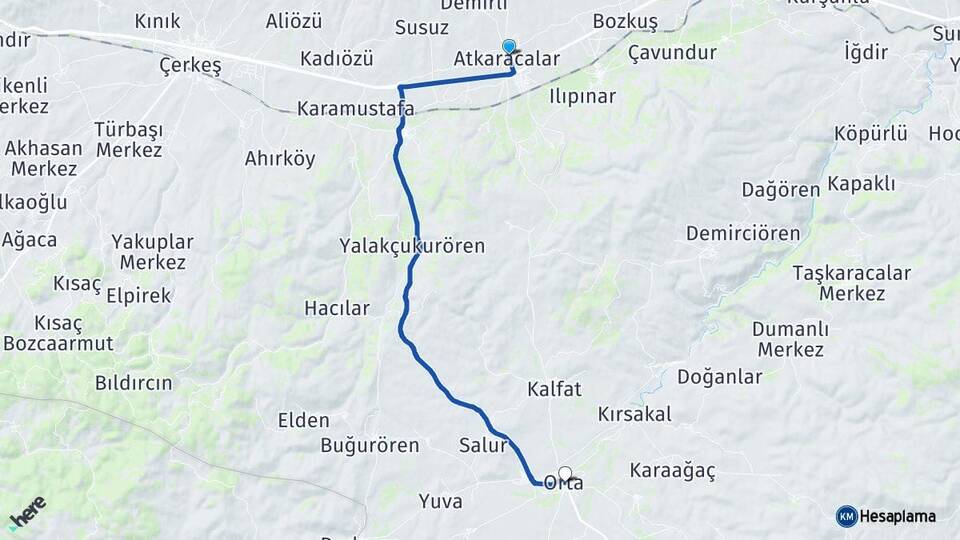 Çankırı Atkaracalar Orta Arası Kaç Km - Yol Haritası