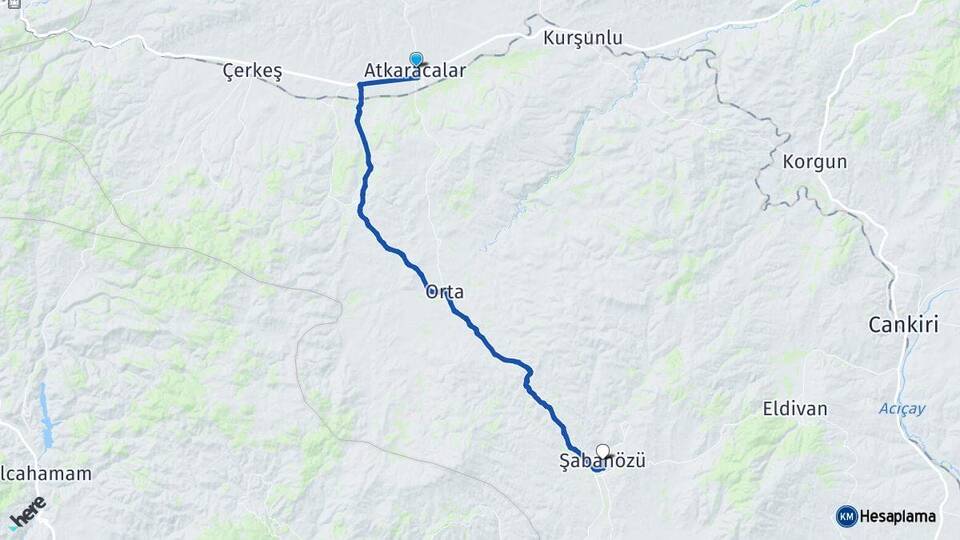 Çankırı Atkaracalar Şabanözü Arası Kaç Km - Yol Haritası