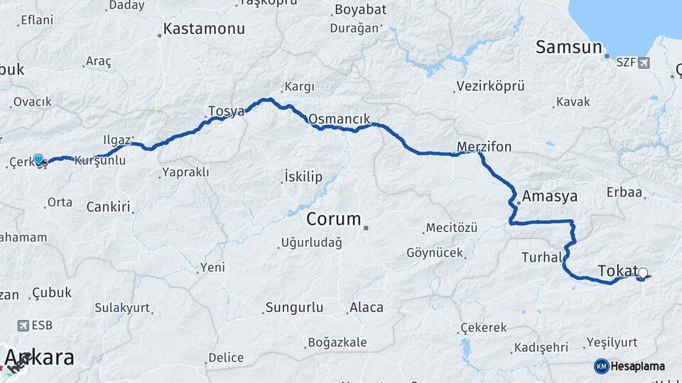 Çankırı Atkaracalar Tokat Arası Kaç Km - Yol Haritası