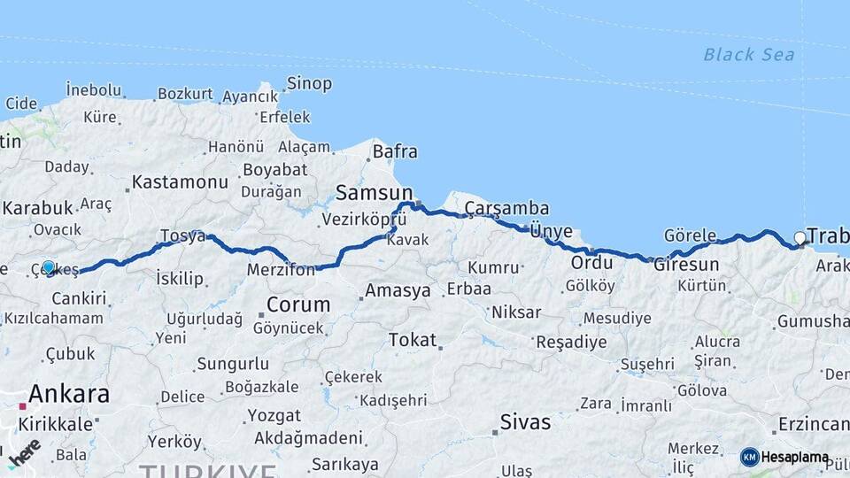 Çankırı Atkaracalar Trabzon Arası Kaç Km - Yol Haritası