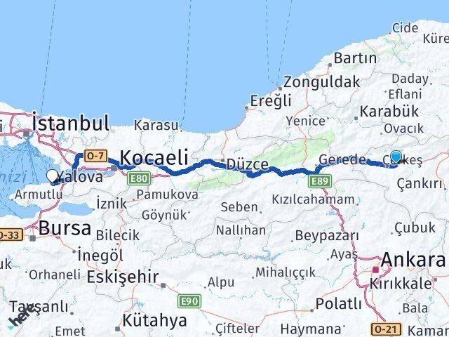 Çankırı Atkaracalar Yalova Arası Kaç Km - Yol Haritası