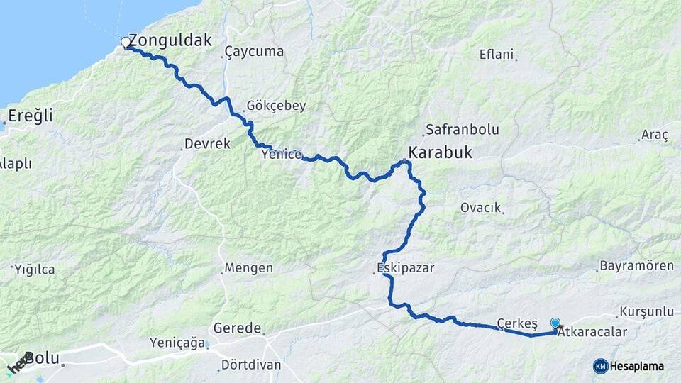 Çankırı Atkaracalar Zonguldak Arası Kaç Km - Yol Haritası