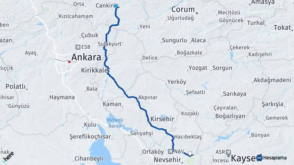 Çankırı Avanos Nevşehir Arası Kaç Km - Yol Haritası