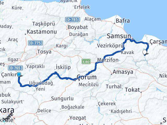 Çankırı Ayvacık Samsun Arası Kaç Km - Yol Haritası