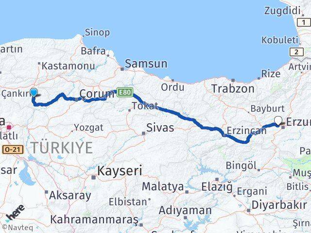 Çankırı Aziziye Erzurum Arası Kaç Km - Yol Haritası