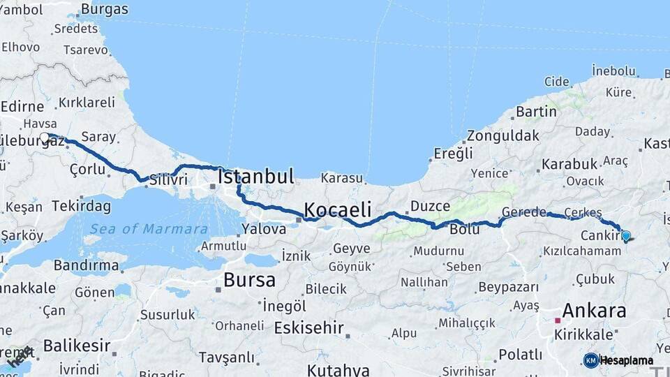Çankırı Babaeski Kırklareli Arası Kaç Km - Yol Haritası