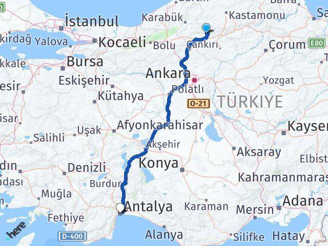 Çankırı Bayramören Antalya Arası Kaç Km - Yol Haritası