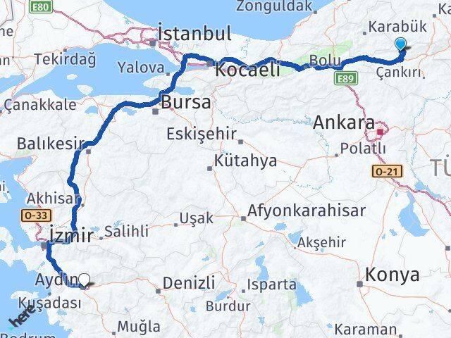 Çankırı Bayramören Aydın Arası Kaç Km - Yol Haritası