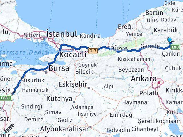Çankırı Bayramören Balıkesir Arası Kaç Km - Yol Haritası