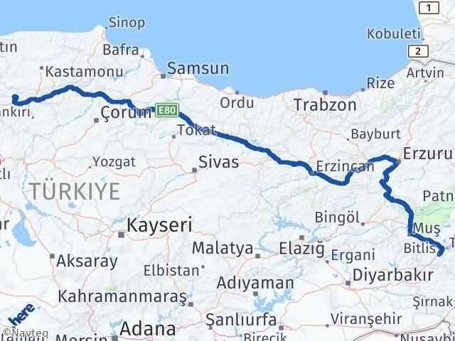 Çankırı Bayramören Bitlis Arası Kaç Km - Yol Haritası