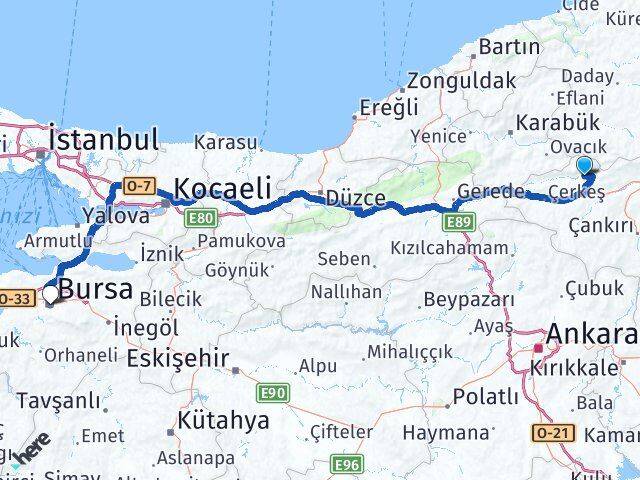 Çankırı Bayramören Bursa Arası Kaç Km - Yol Haritası