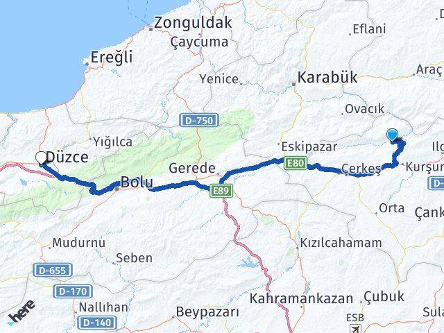 Çankırı Bayramören Düzce Arası Kaç Km - Yol Haritası