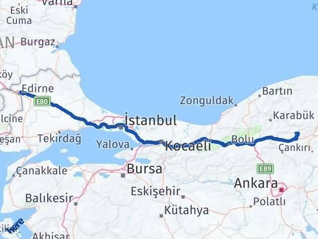 Çankırı Bayramören Edirne Arası Kaç Km - Yol Haritası
