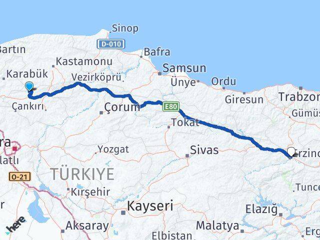 Çankırı Bayramören Erzincan Arası Kaç Km - Yol Haritası