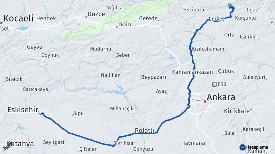 Çankırı Bayramören Eskişehir Arası Kaç Km - Yol Haritası