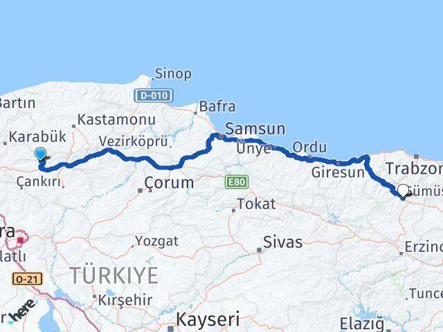 Çankırı Bayramören Gümüşhane Arası Kaç Km - Yol Haritası