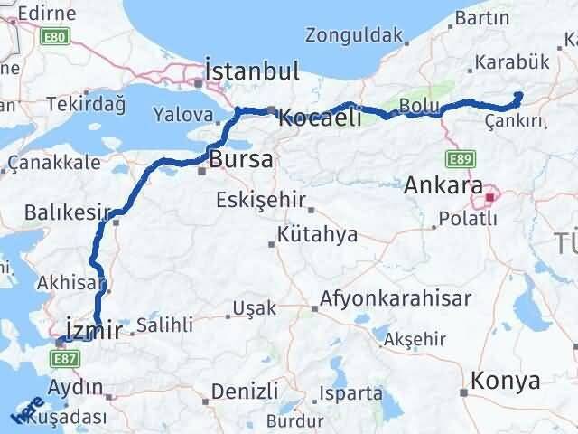Çankırı Bayramören İzmir Arası Kaç Km - Yol Haritası
