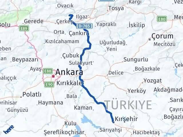 Çankırı Bayramören Kırşehir Arası Kaç Km - Yol Haritası