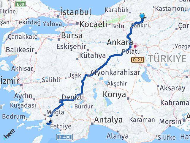 Çankırı Bayramören Muğla Arası Kaç Km - Yol Haritası