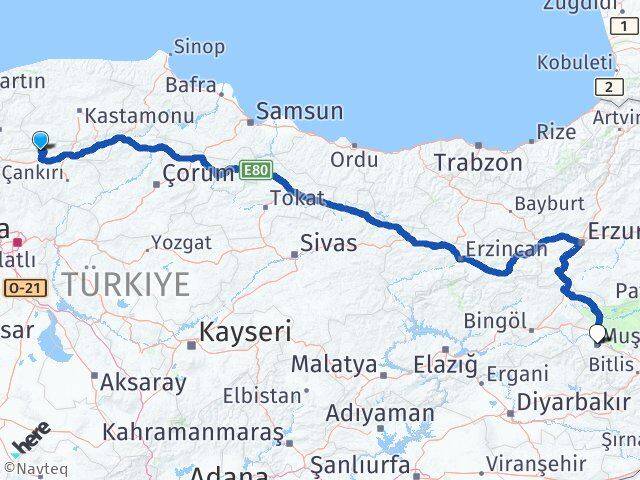 Çankırı Bayramören Muş Arası Kaç Km - Yol Haritası
