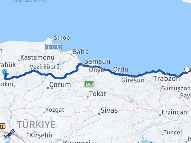 Çankırı Bayramören Rize Arası Kaç Km - Yol Haritası