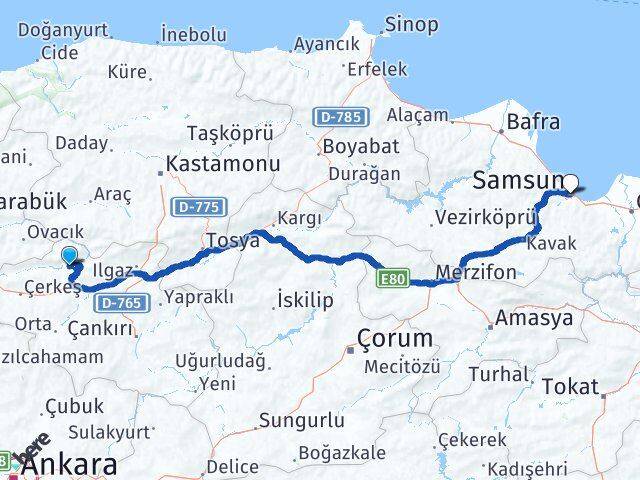 Çankırı Bayramören Samsun Arası Kaç Km - Yol Haritası