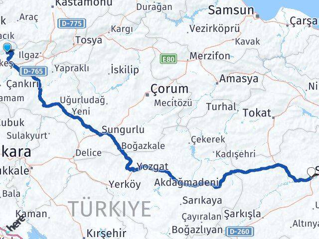 Çankırı Bayramören Sivas Arası Kaç Km - Yol Haritası