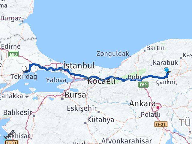 Çankırı Bayramören Tekirdağ Arası Kaç Km - Yol Haritası