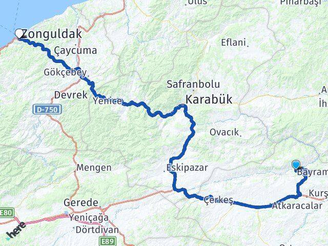 Çankırı Bayramören Zonguldak Arası Kaç Km - Yol Haritası