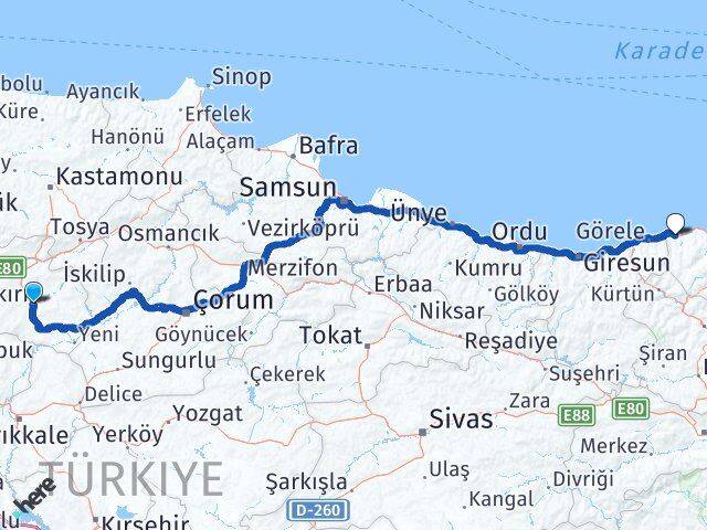 Çankırı Beşikdüzü Trabzon Arası Kaç Km - Yol Haritası