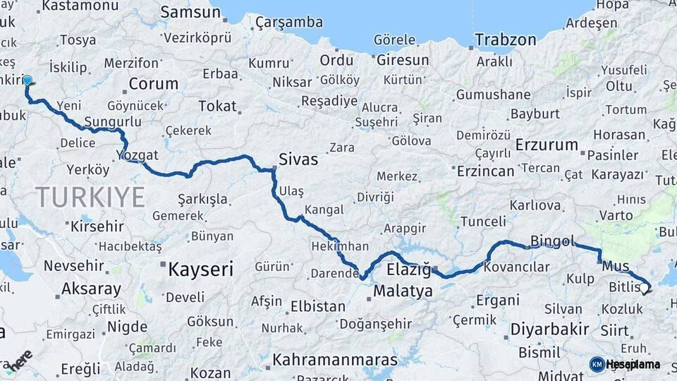 Çankırı Bitlis Arası Kaç Km - Yol Haritası