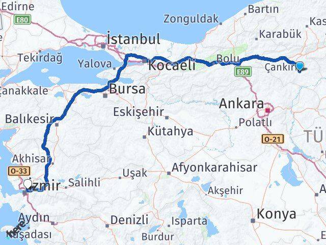 Çankırı Bornova İzmir Arası Kaç Km - Yol Haritası