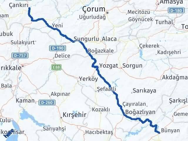 Çankırı Bünyan Kayseri Arası Kaç Km - Yol Haritası